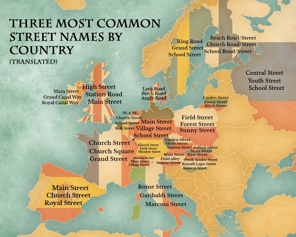 3 Most Common Street Names In Each European Country – Brilliant Maps